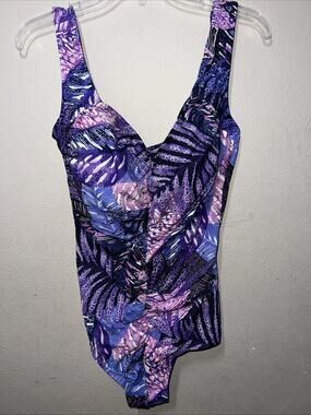 Azul 16W Swim Dress One-Piece Skirted Swimsuit Purple black full coverage Vtg